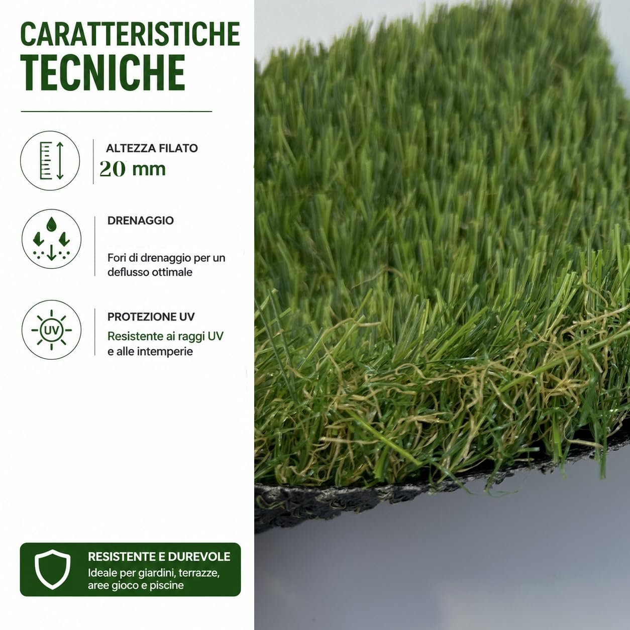 Erba Sintetica Premium 20 mm con Filato Verde e Beige Effetto Naturale – Tappeto Erba Artificiale Drenante con Protezione UV – Ideale per Giardino, Terrazzo, Balcone, Piscina ed Eventi (1 x 3 Metri)