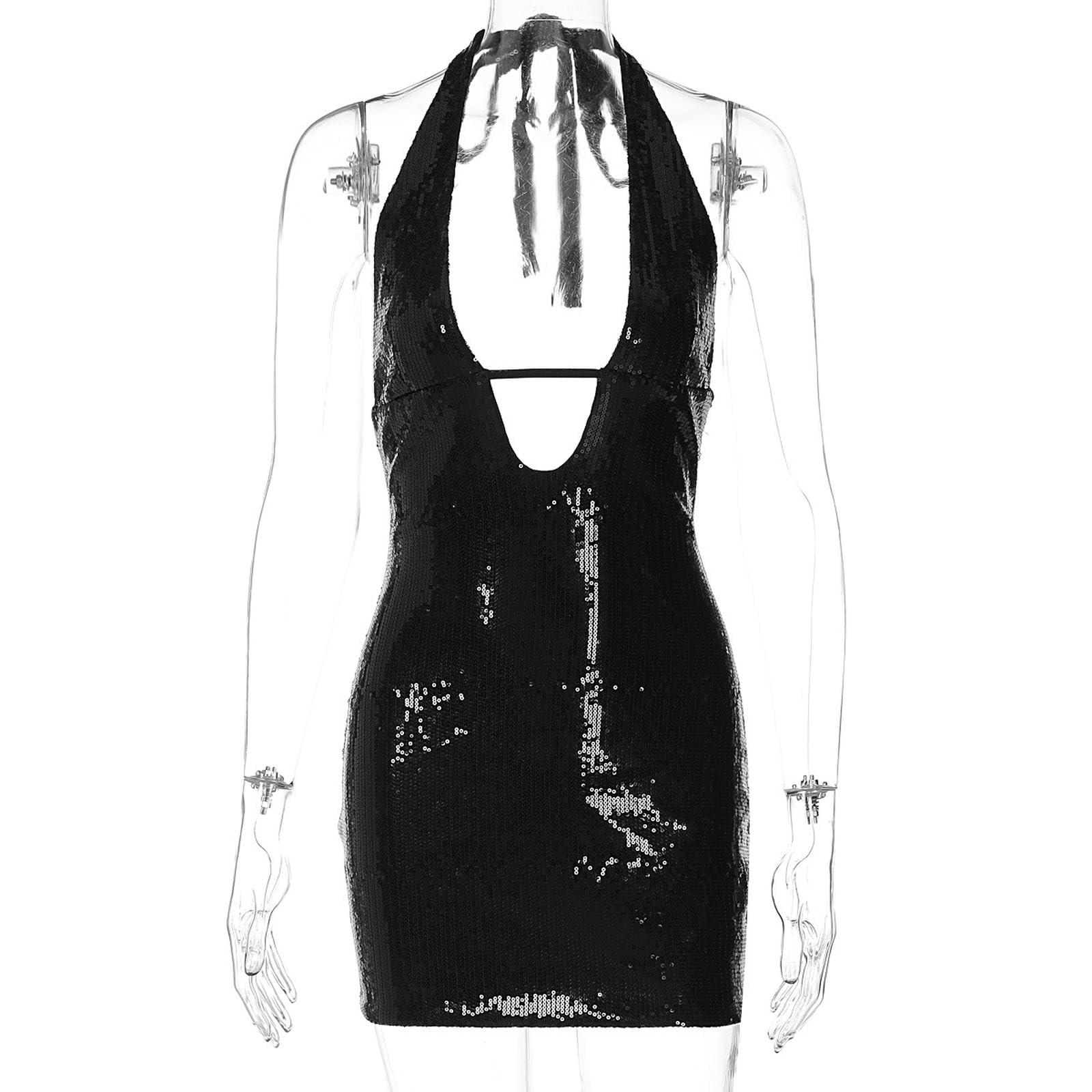 Vestito Donna Donne Sexy Abito Lucido Metallico Bodycon Club Indossare Halter Collo Senza Schienale Mini Gonna di Festa-Nero-l