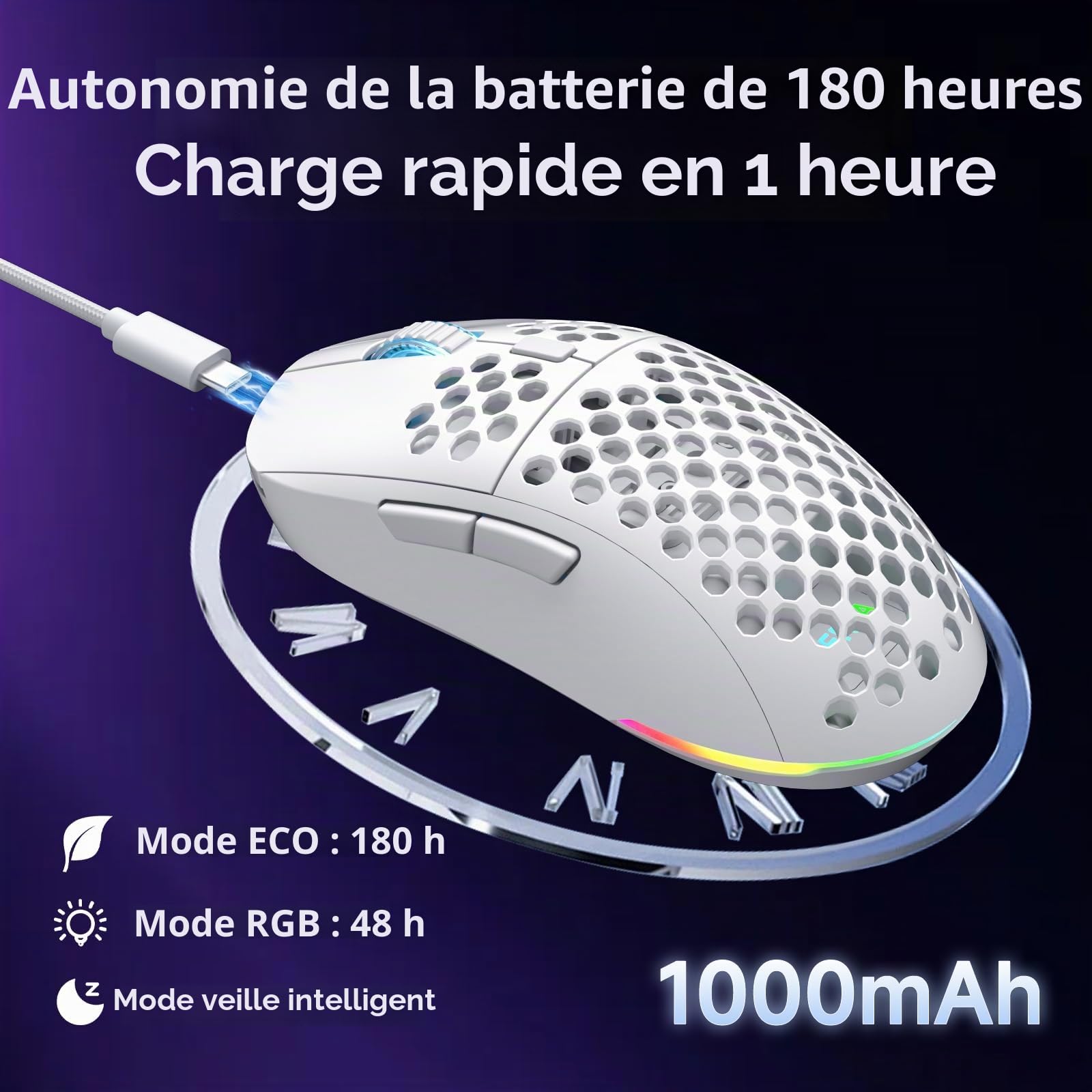 Dierya x TMKB M1 Souris de Jeu sans Fil, Capteur Optique 24 000 DPI, Léger 90g, 6 Boutons Programmables, Éclairage RGB, Autonomie 180H, 2.4GHz/Bluetooth/USB-C Souris Gamer, Blanc