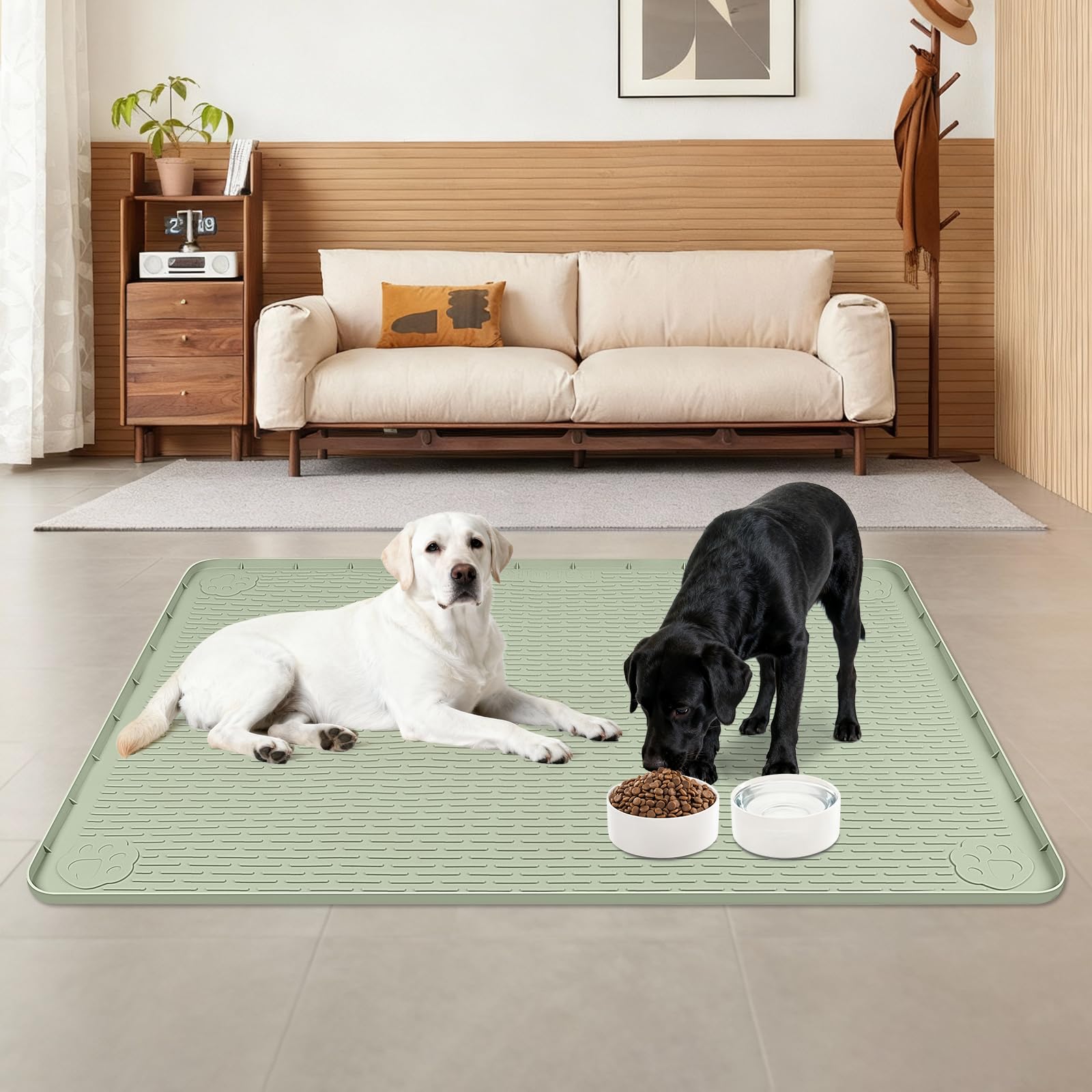 Kalolary 40 x 28 pollici Tappetino per Cibo per Cani (Verde) | Tappetino in Silicone Grande con Bordo Rialzato Antiscivolo per Ciotole Cibo e Acqua Facile Pulire Protezione il Pavimento