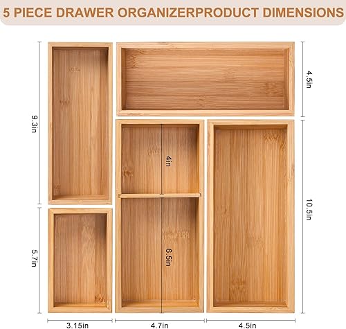 Miniatura 2 de Organizador de cajones de bambú, 5 piezas para cocina, divisores de almacenamiento multiusos para cocina, oficina, joyas, cosméticos, separadores de