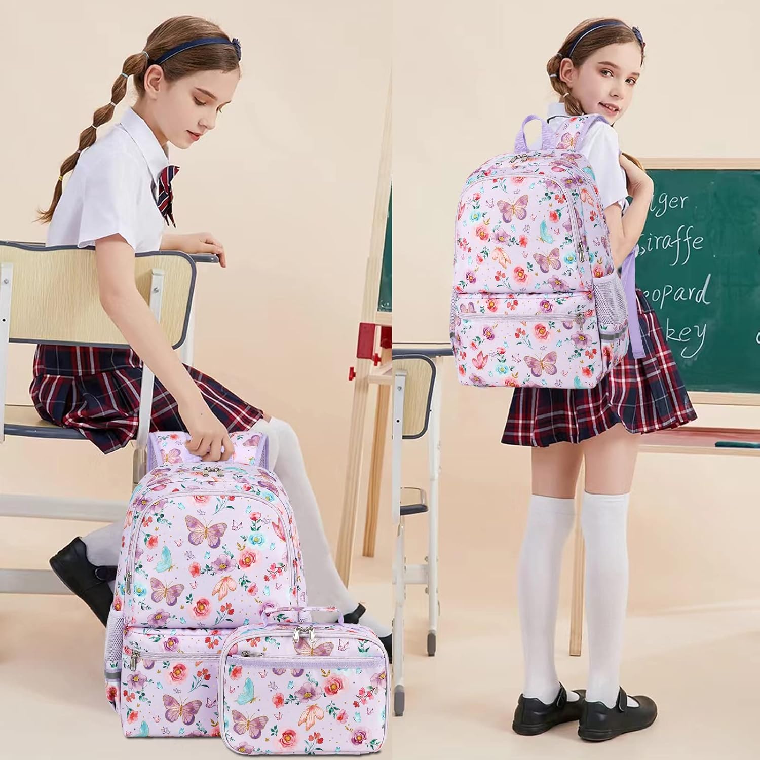 DSIUE Kids Backpack for Girls Elementary BookBags Teens Middle School Backpack with Lunch Box Butterfly Purple - Image 2