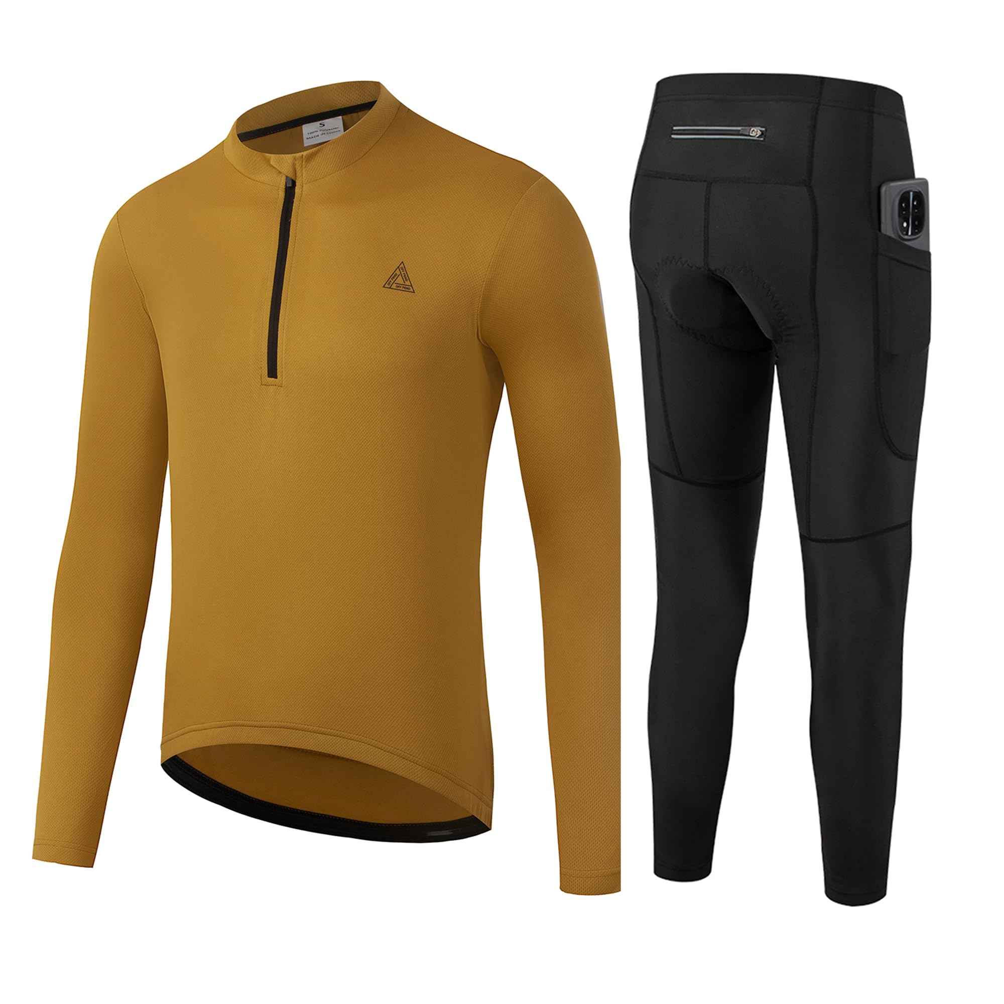 OFF PRND Men's Cycling Jersey 1/3 Zipper Cycling Set Solid Color Club Fit, Long Sleeeves Bike Jersey and Pants Zipper Pocket