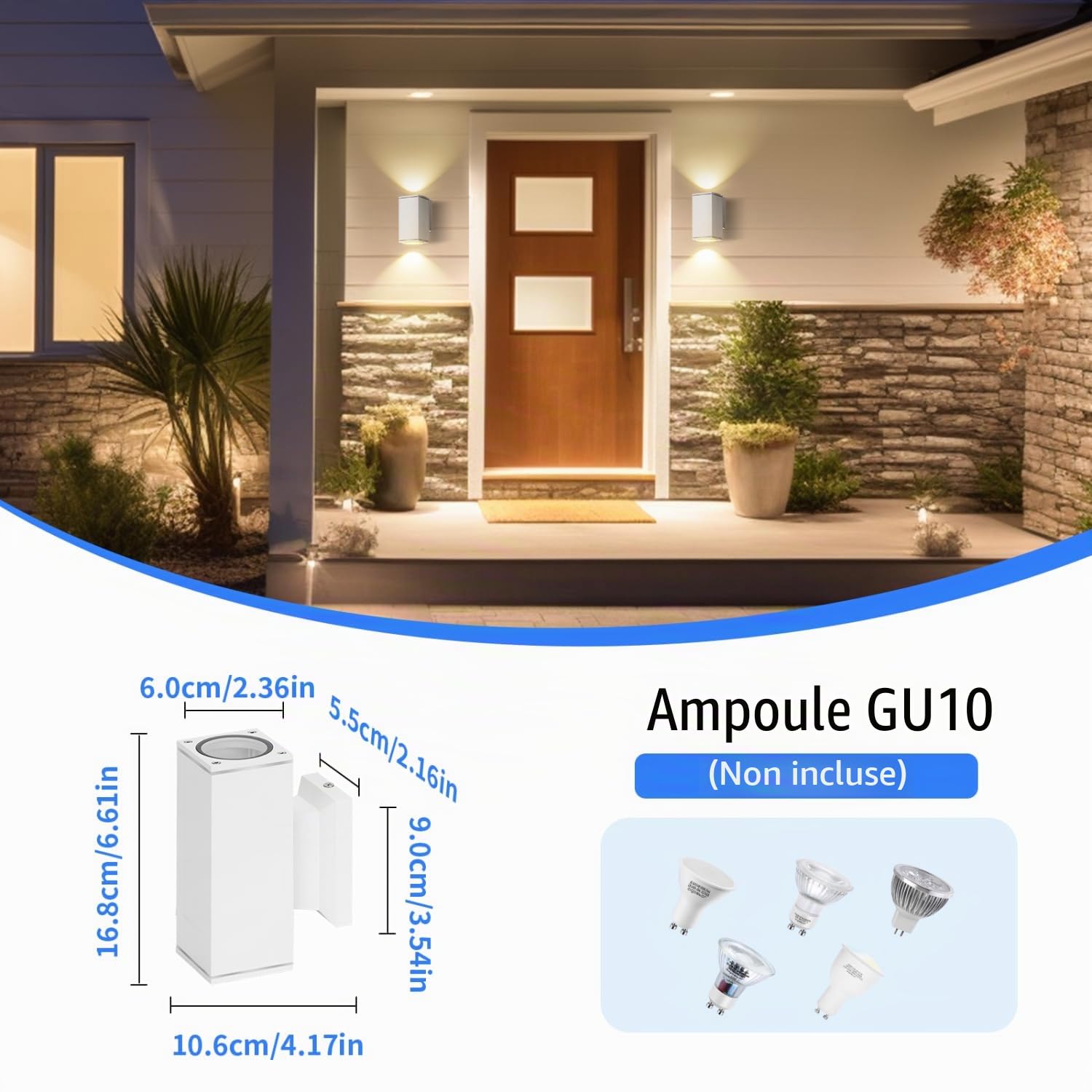 Aigostar Applique Murale Exterieur GU10 Aluminium Up Down Eclairage Exterieur,IP65 Étanche Lampe Murale Pour Jardin Couloir Entrée Patio, Ampoule non Incluse,Blanc,Paquet de 2