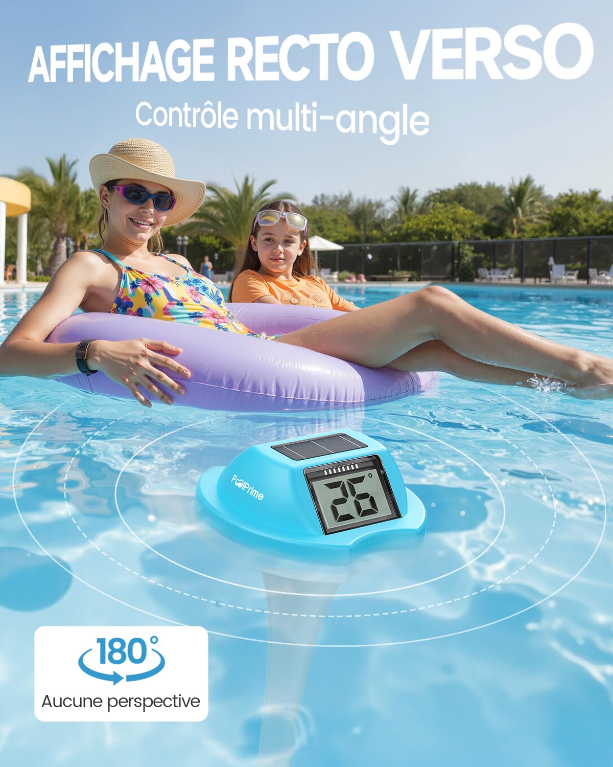 Thermometre Piscine à Double Écran, Lecture Facile, Thermomètre Piscine Flottant avec Affichage Numérique, Étanche IPX7 pour Spas, Bains Froids et Piscines (bleu)