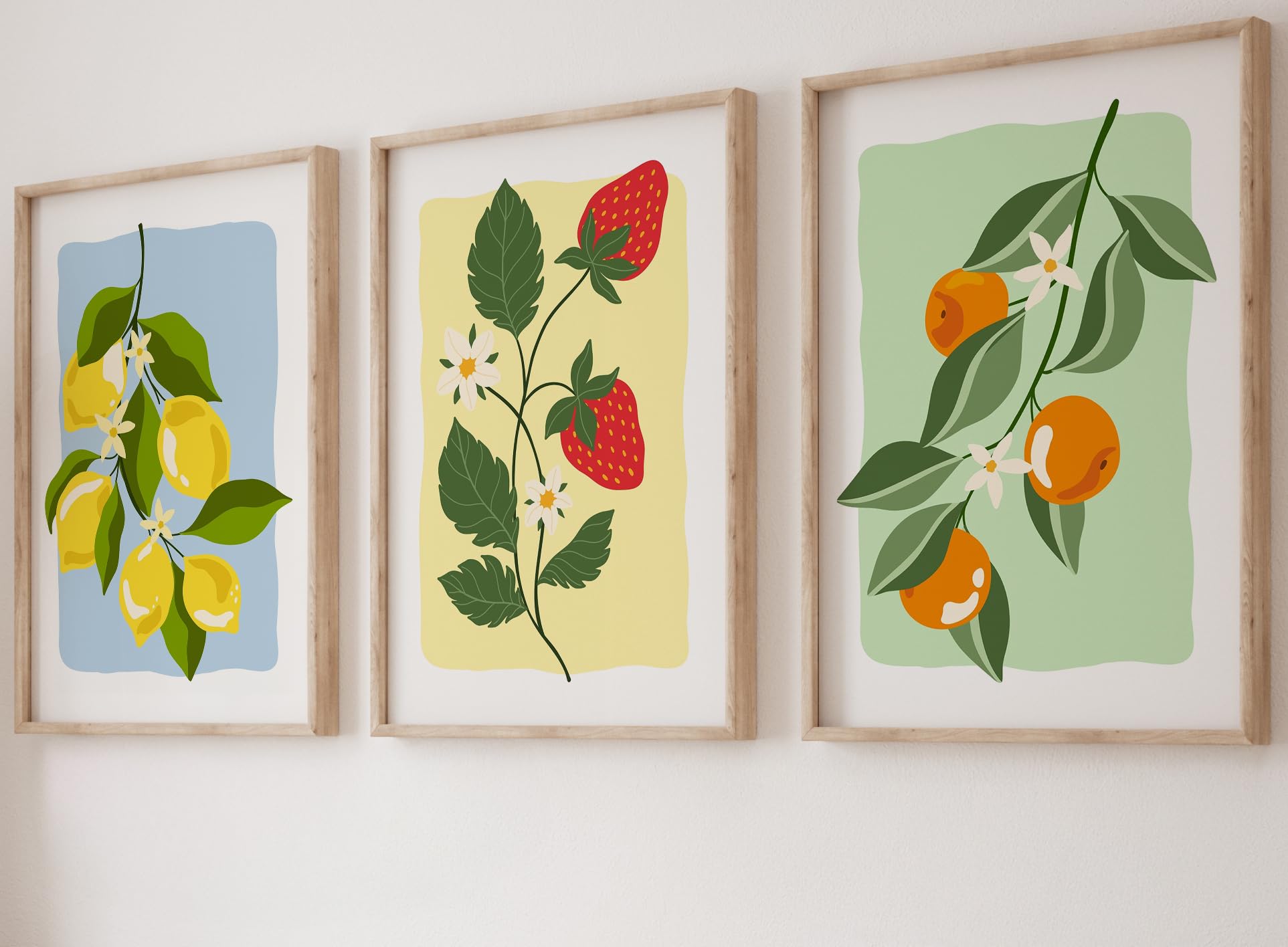 Eviepops Prints Set of 3 Unframed Retro Mediterranean Fruit Market Wall Art, Abstract Lemon Strawberry Orange Prints, Summer Citrus Home Decor for Kitchen, Lounge, Hallway, Bathroom, Bedroom (A3)