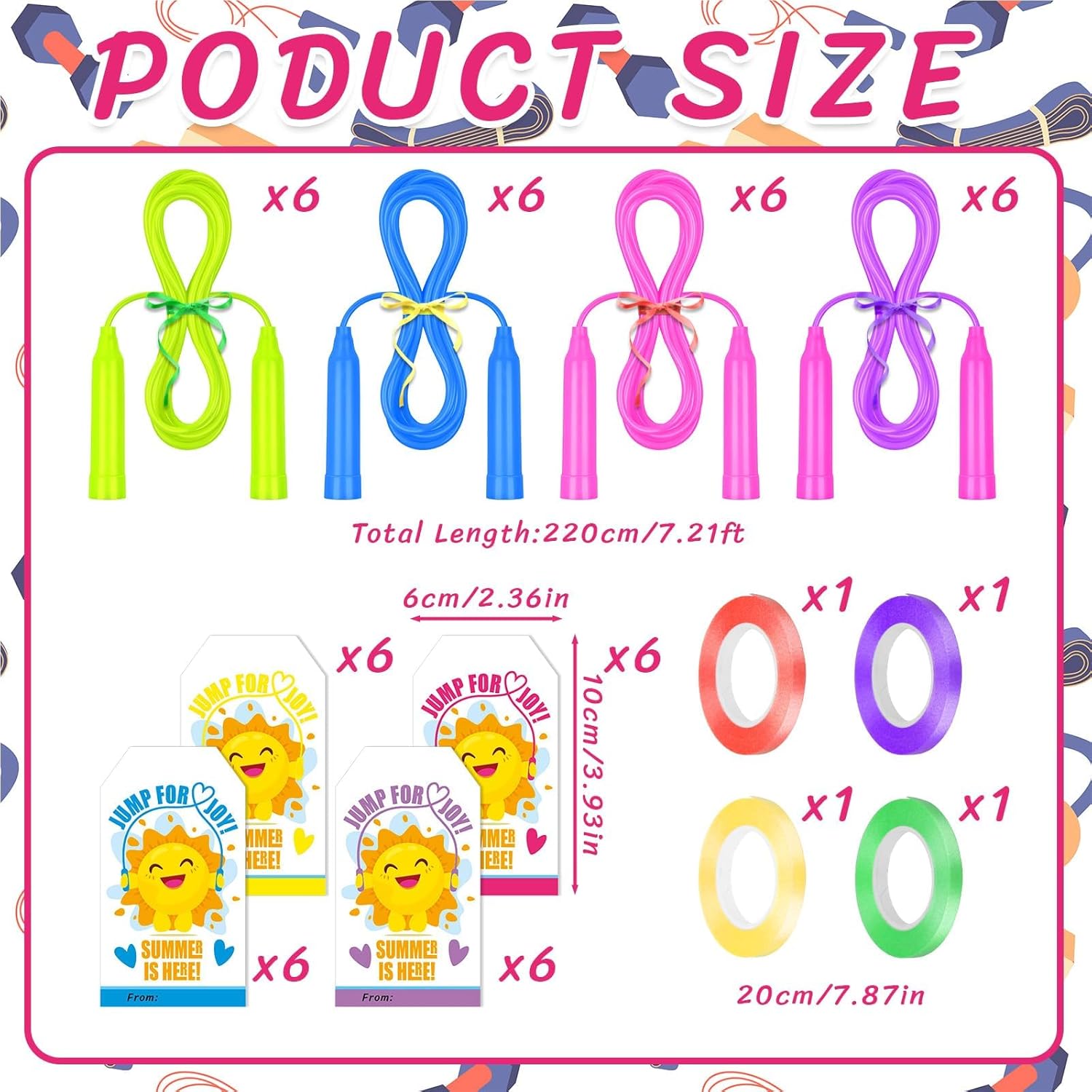 24 Sets End of Year Student Gifts Colorful Kids Jump Rope with 24 Summer Card Tags Plastic Adjustable Jump Rope School Graduation Gifts Exchange Outdoor Skipping Ropes Party Favor Bulk