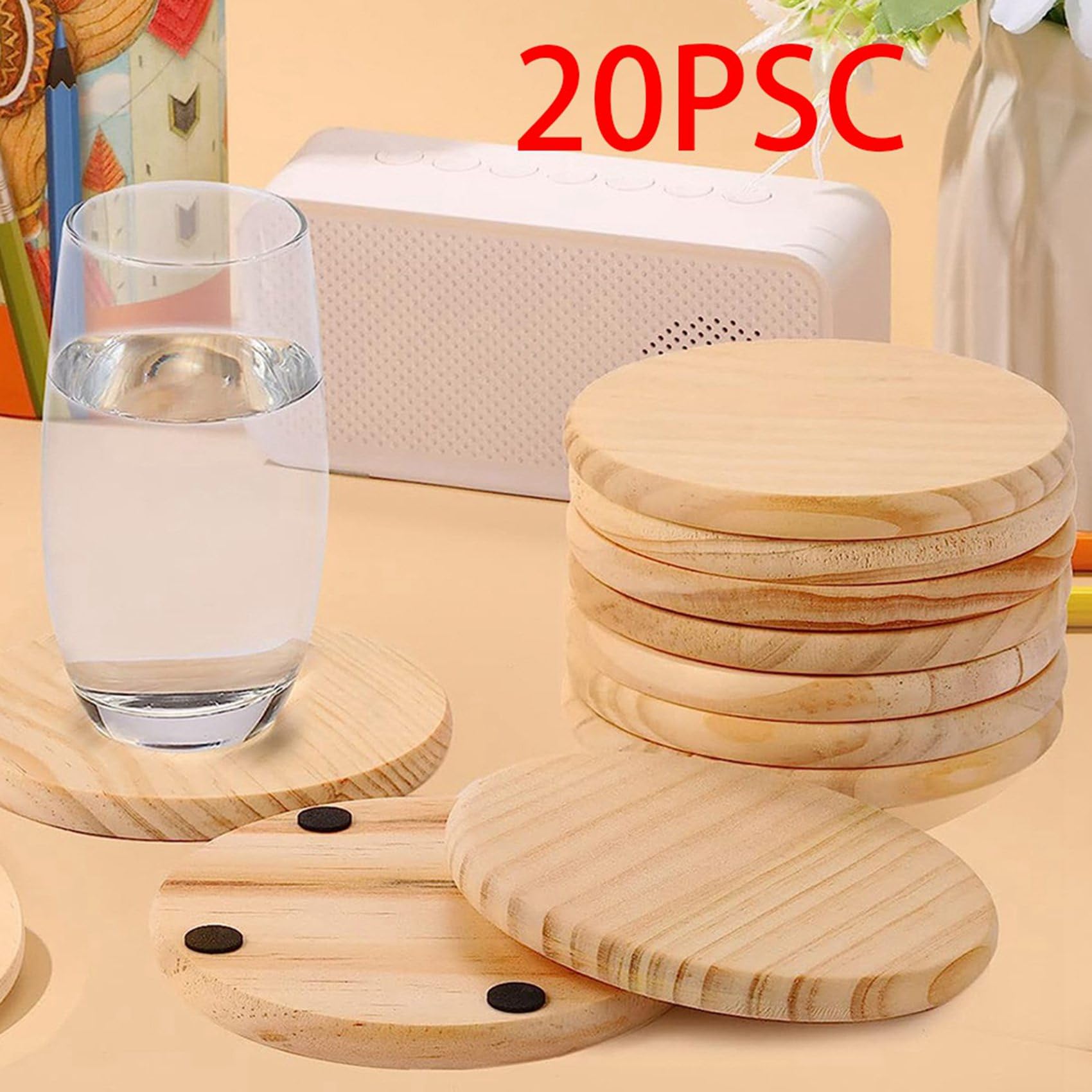 40 PièCes sous-Verres en Bois Non, sous-Verres en Bois Vierges Ronds de 4 Pouces pour Travaux Manuels avec Points en Silicone AntidéRapants