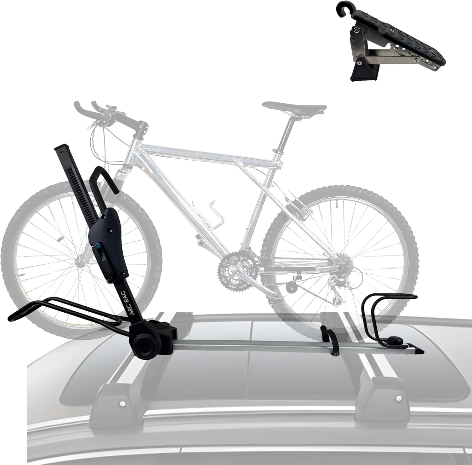 Folding Car Roof Bike Rack with Door Foot Step. Safe & Easy Bike Mounting. Compact Design Features Reduce Over Foot Print. Bicycle Carrier is Designed for Cars, Trucks, SUV's, and Vans.