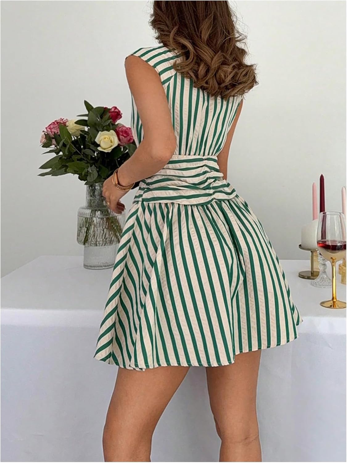 WDIRARA Women's Striped Button Up Shirt Dress Ruched Cap Sleeve Ruffle Hem Short Dresses - Image 3