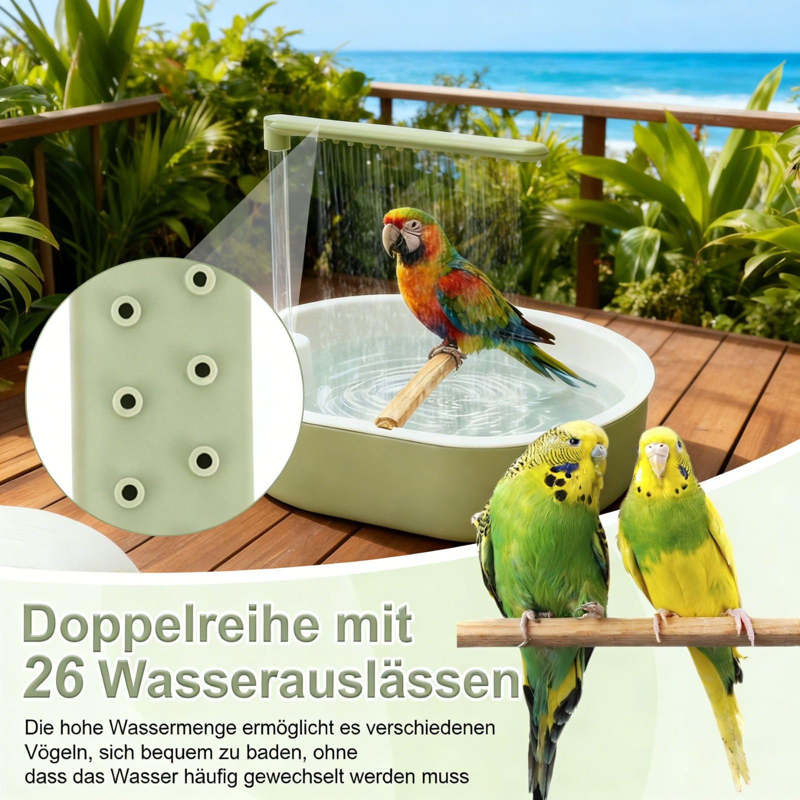 Bain d'oiseaux 32 x 26 cm pour perruches en polypropylène Vert Style frais Circulation automatique de l'eau de pluie Douche d'oiseaux avec 26 sorties d'eau pour