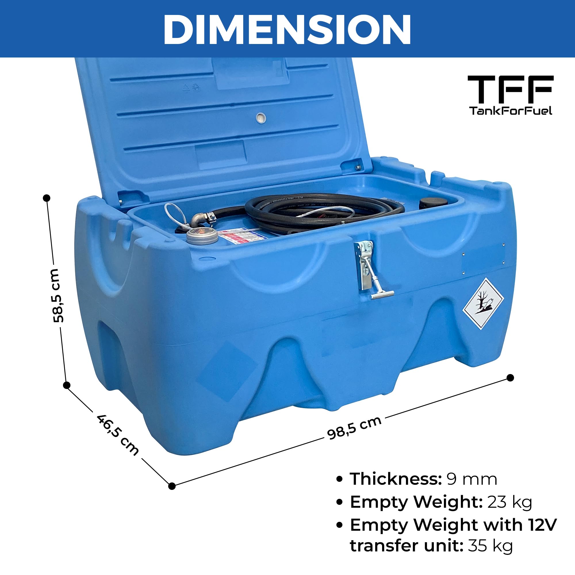TFF Tanque AdBlue Portátil, 150 Litros con Bomba Sumergible 12V con un caudal de 15 l/min. Bomba AdBlue con Cable de Conexión a Batería y Manguera Flexible de 4 m con Pistola de Suministro