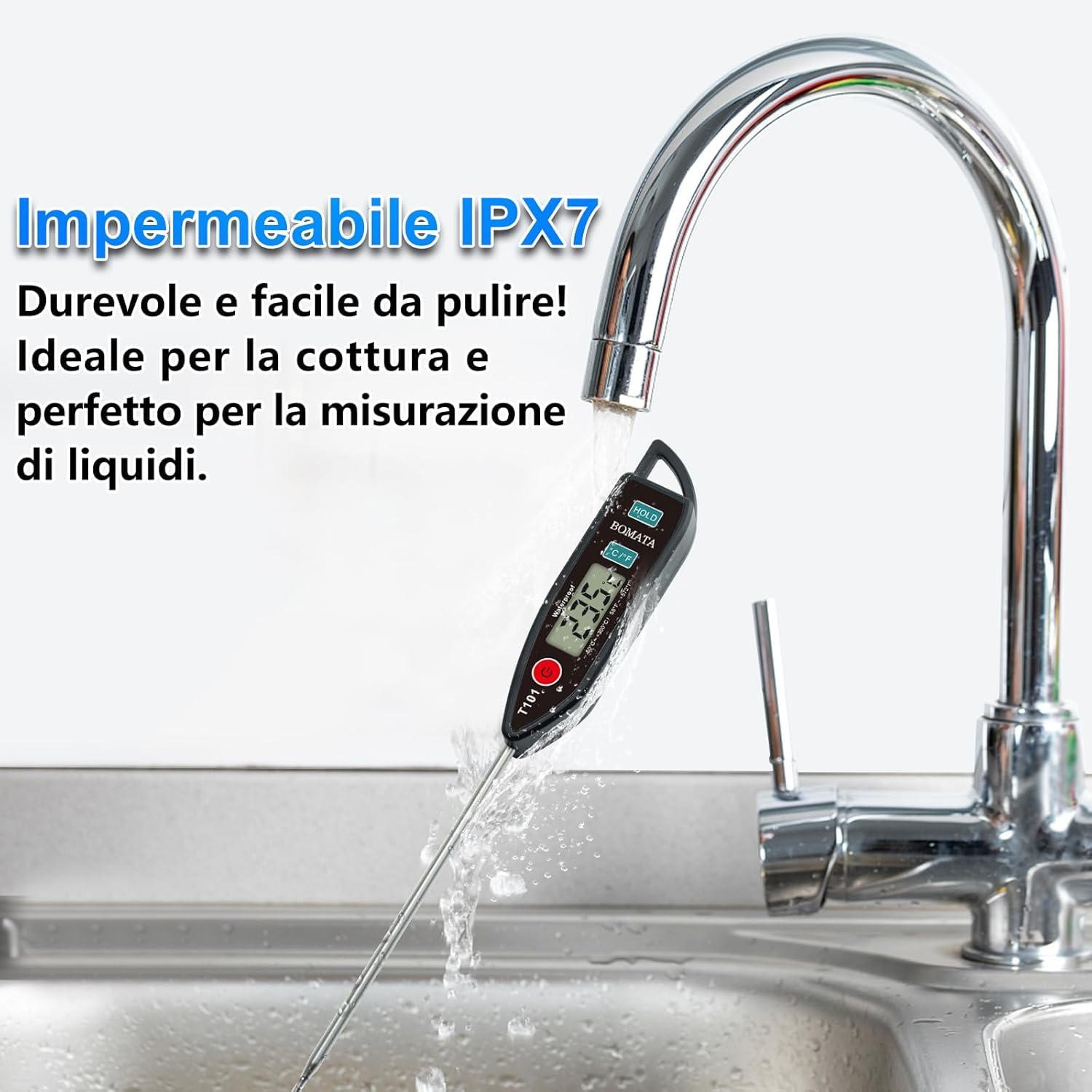 BOMATA Termometro impermeabile IPX7 per alimenti a lettura immediata sonda lunga T101 Nero