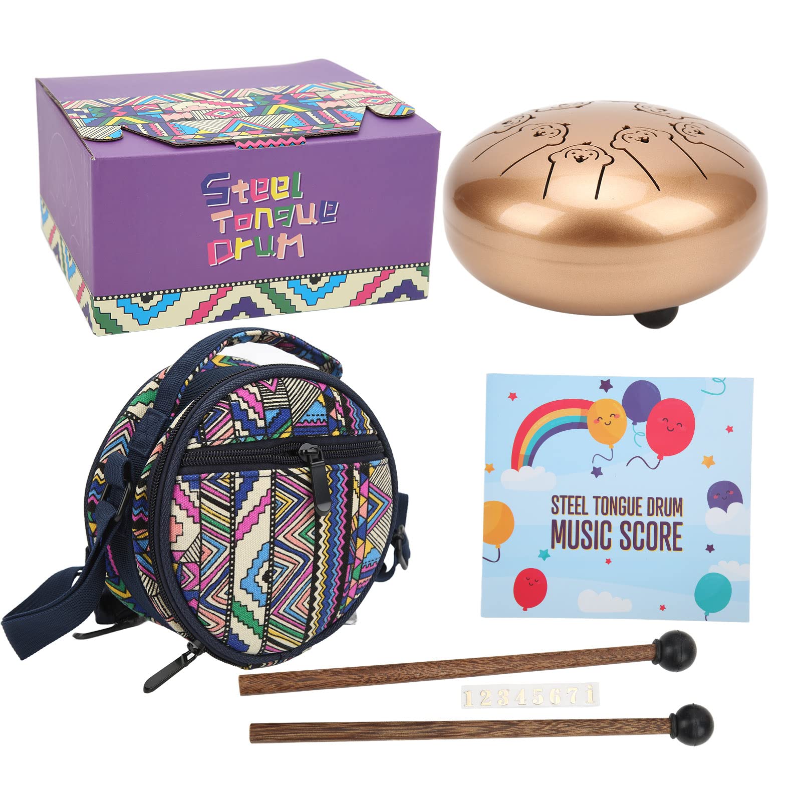 5.5in 8 Tones Tongue Drum, Steel Ti Alloy Ethereal Drum Kit with Drumsticks, Monkey Pattern Design, Easy to Play Percussion Instrument for Beginners and Professionals