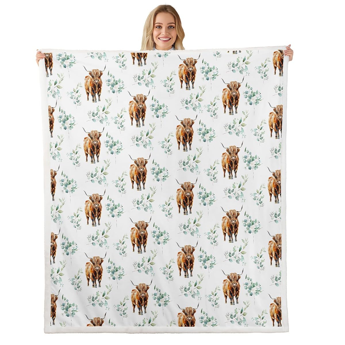 Homemissing Highland Cow Fleece Throw Blanket Single 50x60Inch Highland Cattle Sherpa Blanket for Bed Sofa Couch Boys Teens Decor Botanical Leaf Plush Blanket Farmhouse Fuzzy Blanket Bedroom — image 1