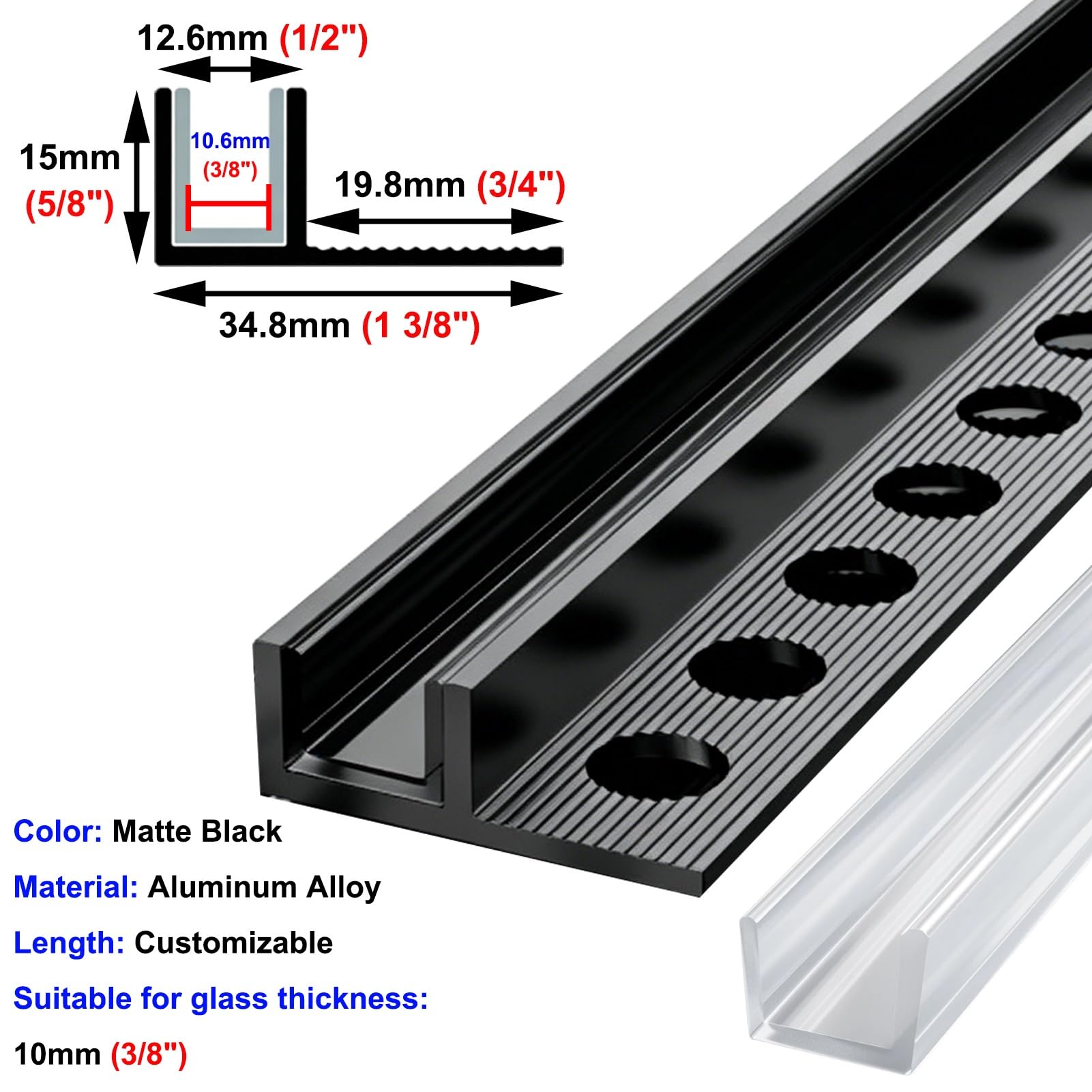 Dusch Profil für Glas Tiefe Glasführungsschiene F-förmig, Befestigungsprofil für Duschtür aus Aluminium mit Gummikante, Eingelassenes Rahmenloses Glas-F-Profil 8 10 12 mm(10mm (3/8in),L2m(6.6ft))