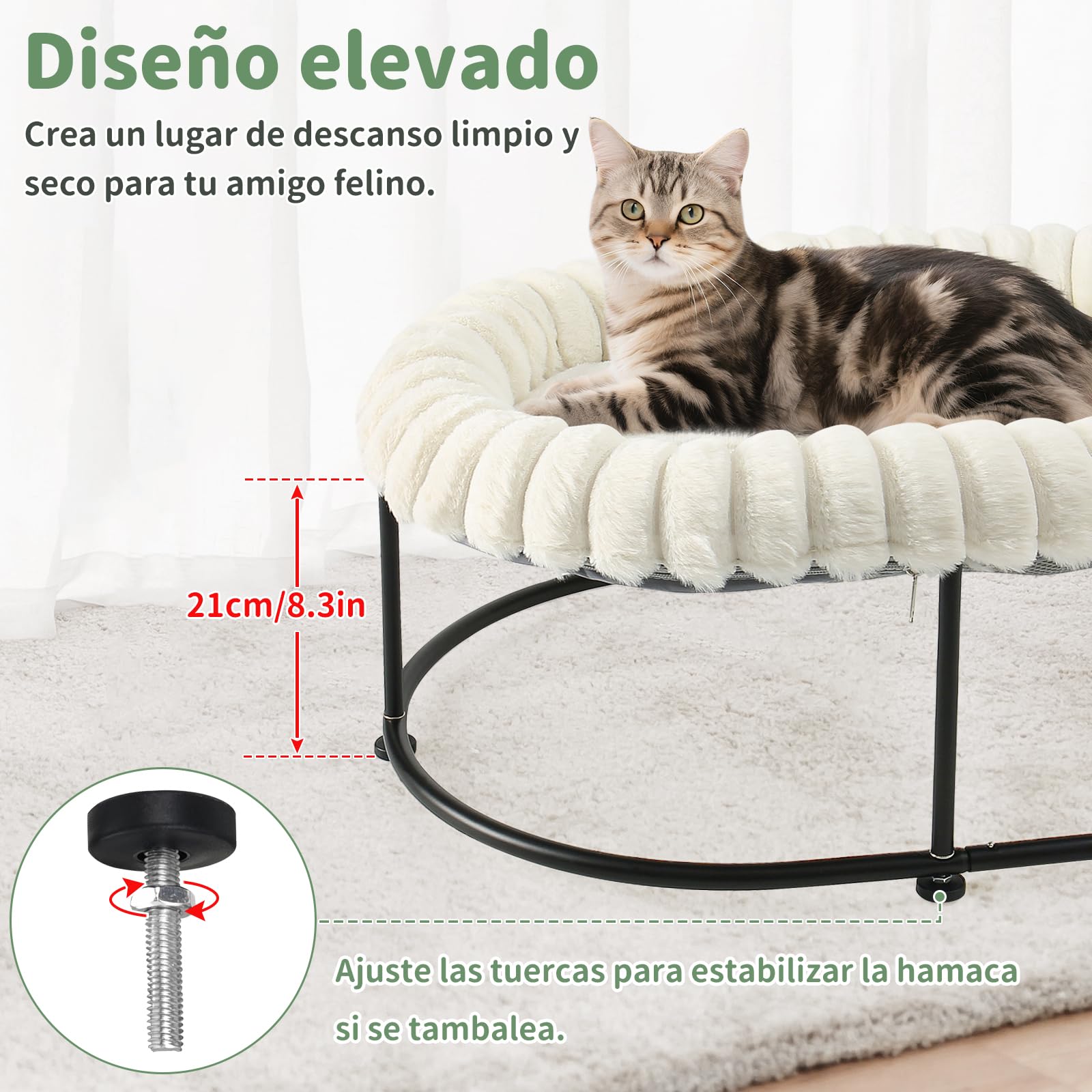 GUUSII HOME Elevada Cama para Hamaca Gato Grande Gatito Sofá Perro Pequeño Silla Mascotas Asiento con Marco de Metal Independiente Cojín Acolchado Lavable Fácil Montaje Cat Bed 58.5*43*21cm (Blanco)
