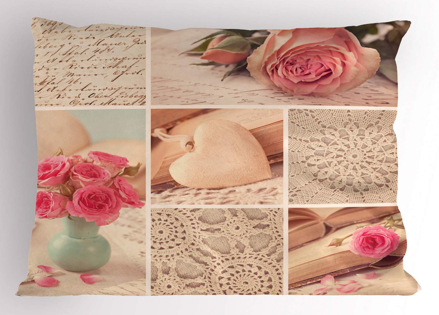 ABAKUHAUS Shabby Flora Federe Cuscini Stampata, Rose antiche Fiori di Pizzo, Decorativo e Dimensioni Standard, 65 cm x 50 cm, Forest Green Rosa Pallido