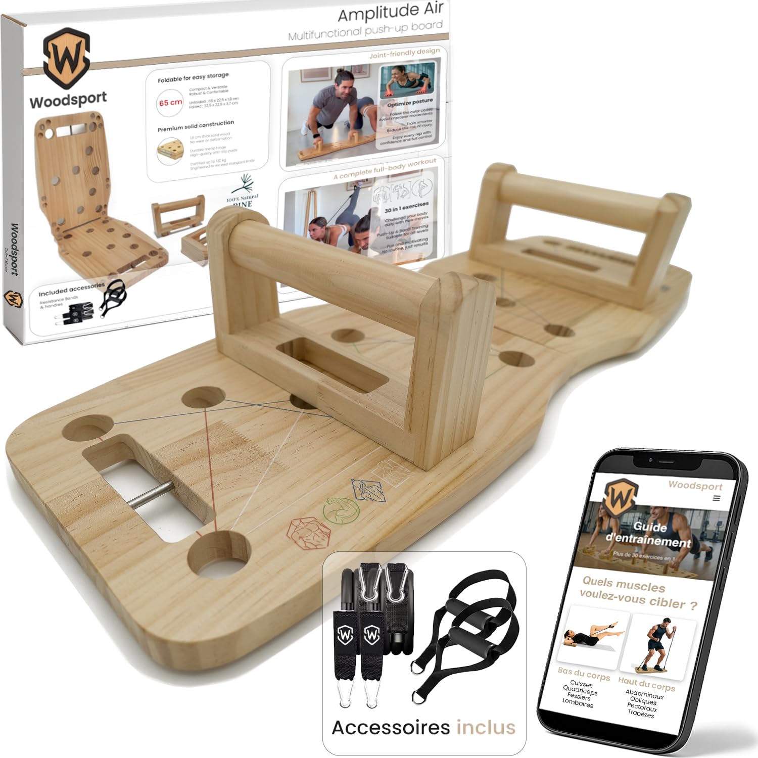 Amplitude – Push up board Premium en bois – Planche a pompe pliable - Planche pompe musculation Sport maison + 2 Elastiques + guide d’entraînement 30 en 1