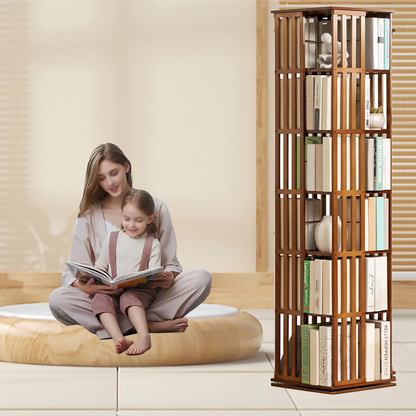 Libreria girevole in bambù a piani girevole a 360° con vetrina angolare, scaffale per libri e decorazioni, scaffale per bambini e adulti, libreria multifunzionale (6 strato)