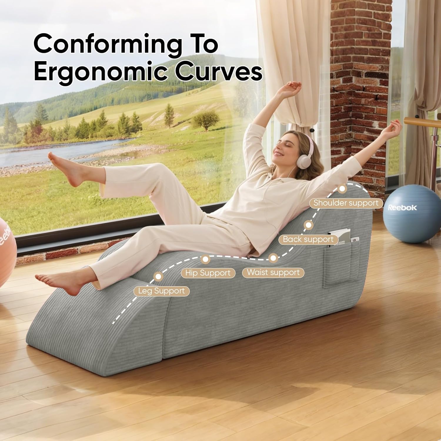 24" Wide Chaise Lounge Chair for Yoga & Exercise, Indoor Lounge Chair with Lumbar Cushion, Movable Footrest, Side Pockets, High-Density Foam Perfect for Stretching,Massage,Relaxation Grey