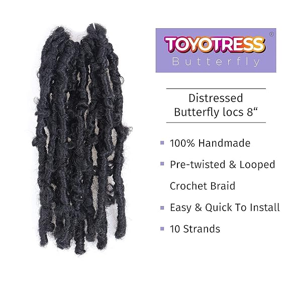Toyotress Butterfly Locs Crochet Hair - 8 inch 7Pcs Natural Black Pre-twisted Distressed Crochet Braids, Short Bob Faux Locs Pre-looped Synthetic Braiding Hair Extensions (8 Inch, 1B-7P)