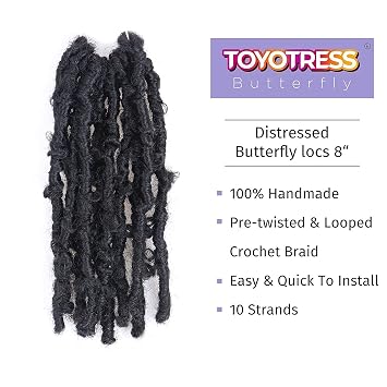 Toyotress Butterfly Locs Crochet Hair - 8 inch 7Pcs Natural Black Pre-twisted Distressed Crochet Braids, Short Bob Faux Locs Pre-looped Synthetic Braiding Hair Extensions (8 Inch, 1B-7P)
