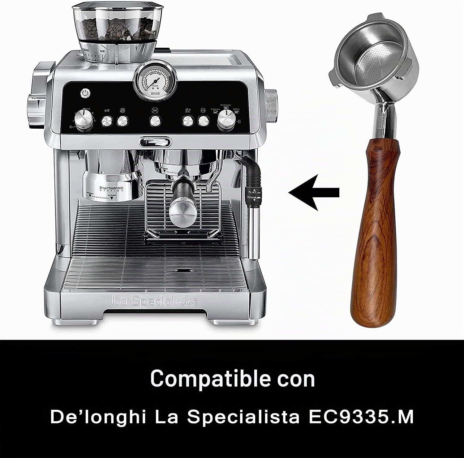NEOUZA Portafiltro sin fondo Espresso de 51 mm compatible con Delonghi La Specialista EC9335M EC9155M EC9355M EC9665M 304 de acero inoxidable para alimentos con cesta de filtro no presurizada (juego