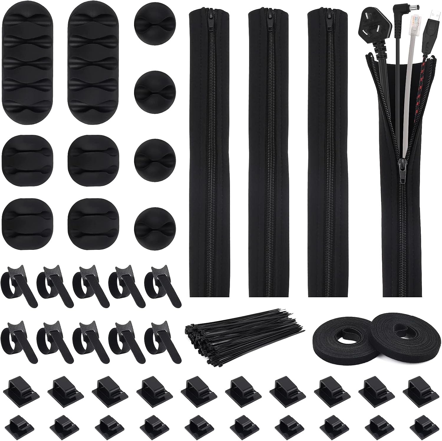 146pcs Cable Management Organizer Kit - 4 Cable Sleeve with Zipper,20 Self-adhesive Cable Ties,10 Cable Clips,10 Cable Straps,2 Rolls of Self Adhesive Ties,100 Fastening Cable Zip Ties for Office/Home
