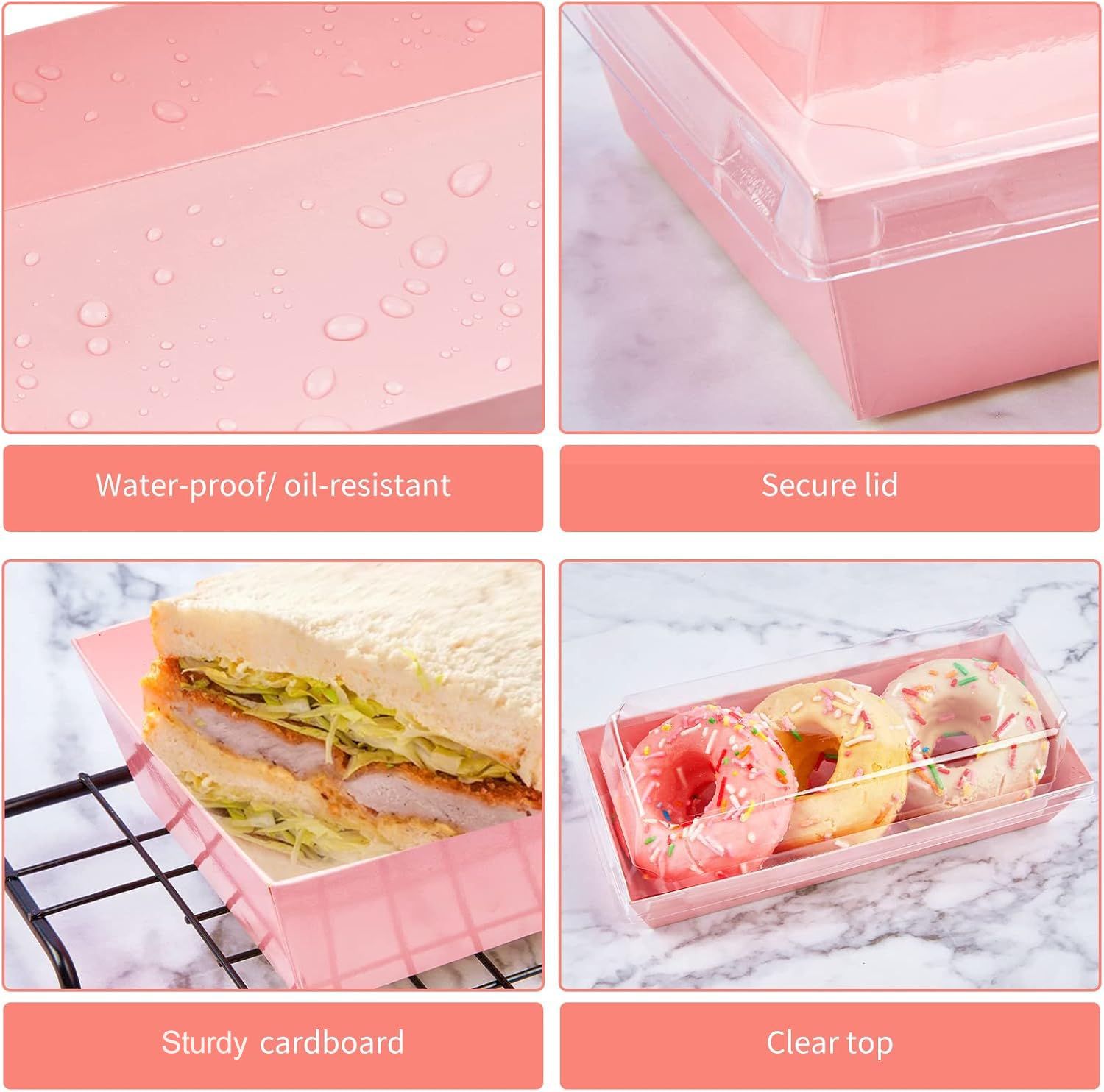 Ocmoiy 100 scatole di carta per salumi con coperchi trasparenti sicuri, contenitori rettangolari usa e getta per dessert, scatole da forno rosa per fragole, biscotti, bombe al cacao caldo, cupcake,