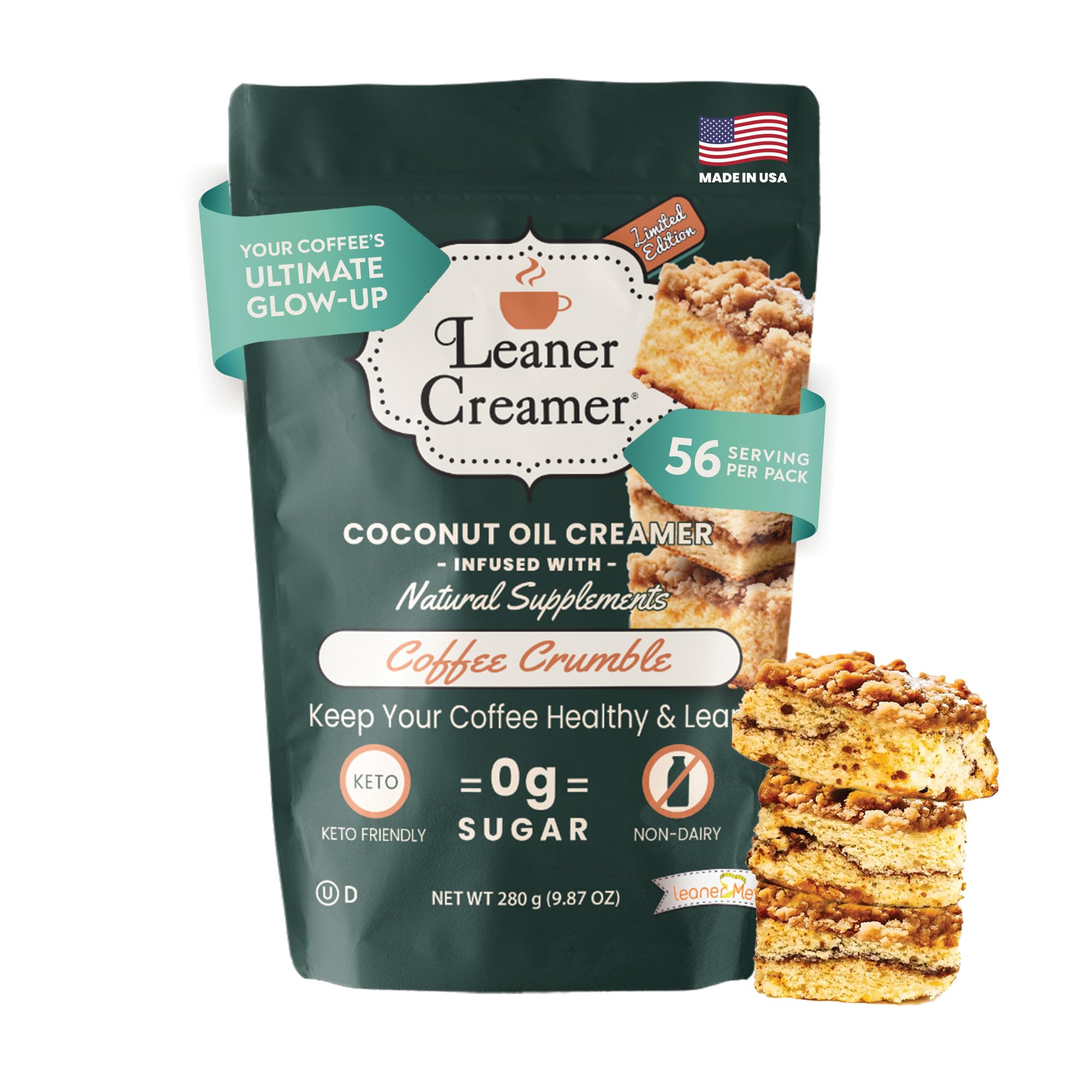 Leaner Creamer Coconut Creamer with Superfood Ingredients – Non-Dairy, Sugar-Free, Keto, Gluten-Free Powdered Coffee Creamer – Coffee Crumble – 280g