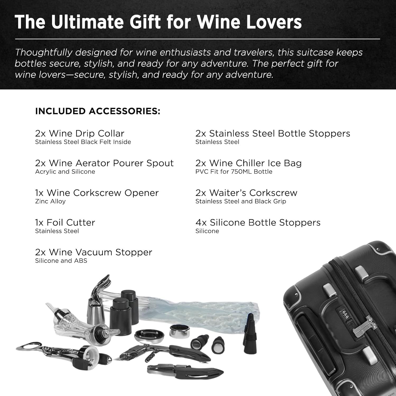 FlyWithWine® by VinGardeValise 6-Bottle Hard Shell Wine Suitcase with Hinomoto 360° Spinner Wheels – TSA Approved Wine Luggage with Removable Foam Insert and 18 Wine Accessories