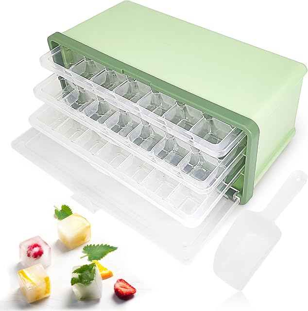 Ice Cube Trays with Lid and Bin, 3-Pack Easier-Released Ice Trays Molds for Freezer with Ice Container, Scoop and Cover (Green)