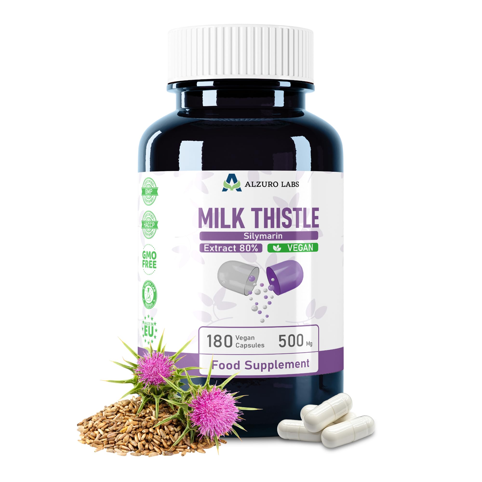 Milk Thistle | 6 000 mg Équivalent | Extrait 15:1 500 mg (80% Silymarine) | 180 Gélules Végétales | Chardon-Marie – Silybum marianum | GMP & Testé en Laboratoire Indépendant
