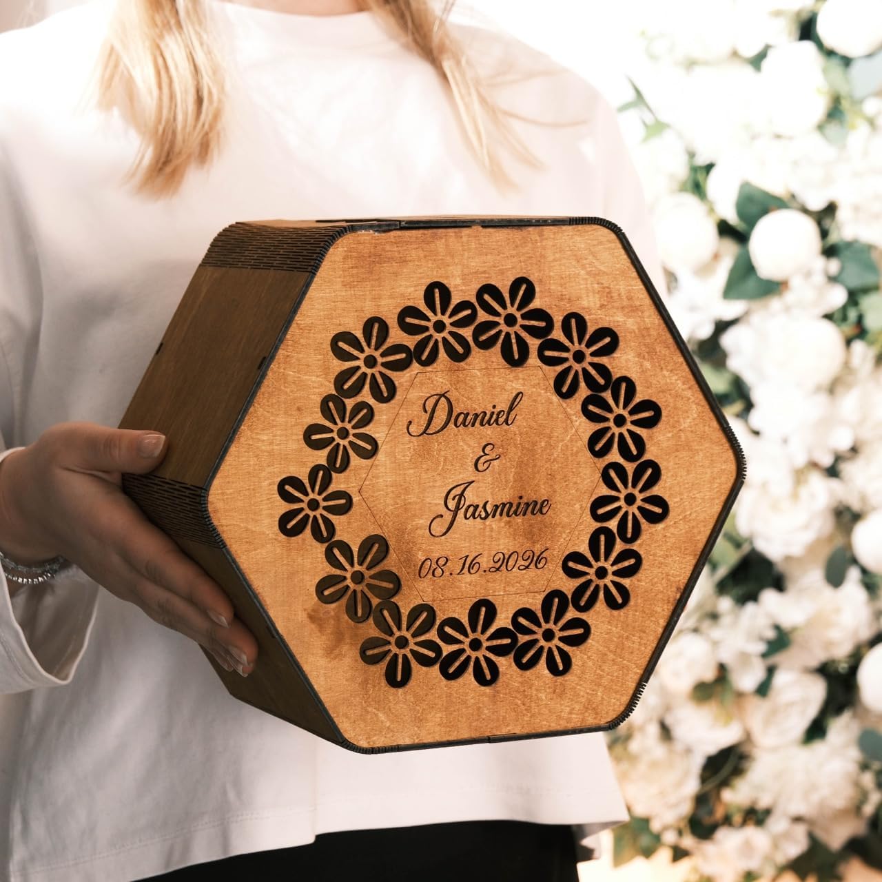 EMC Personalized Wood Card Box for Wedding & Engagement Hexagon Model – Rustic Wedding Card Holder with Slot – Bridal Shower, Baby Shower & Birthday Decor