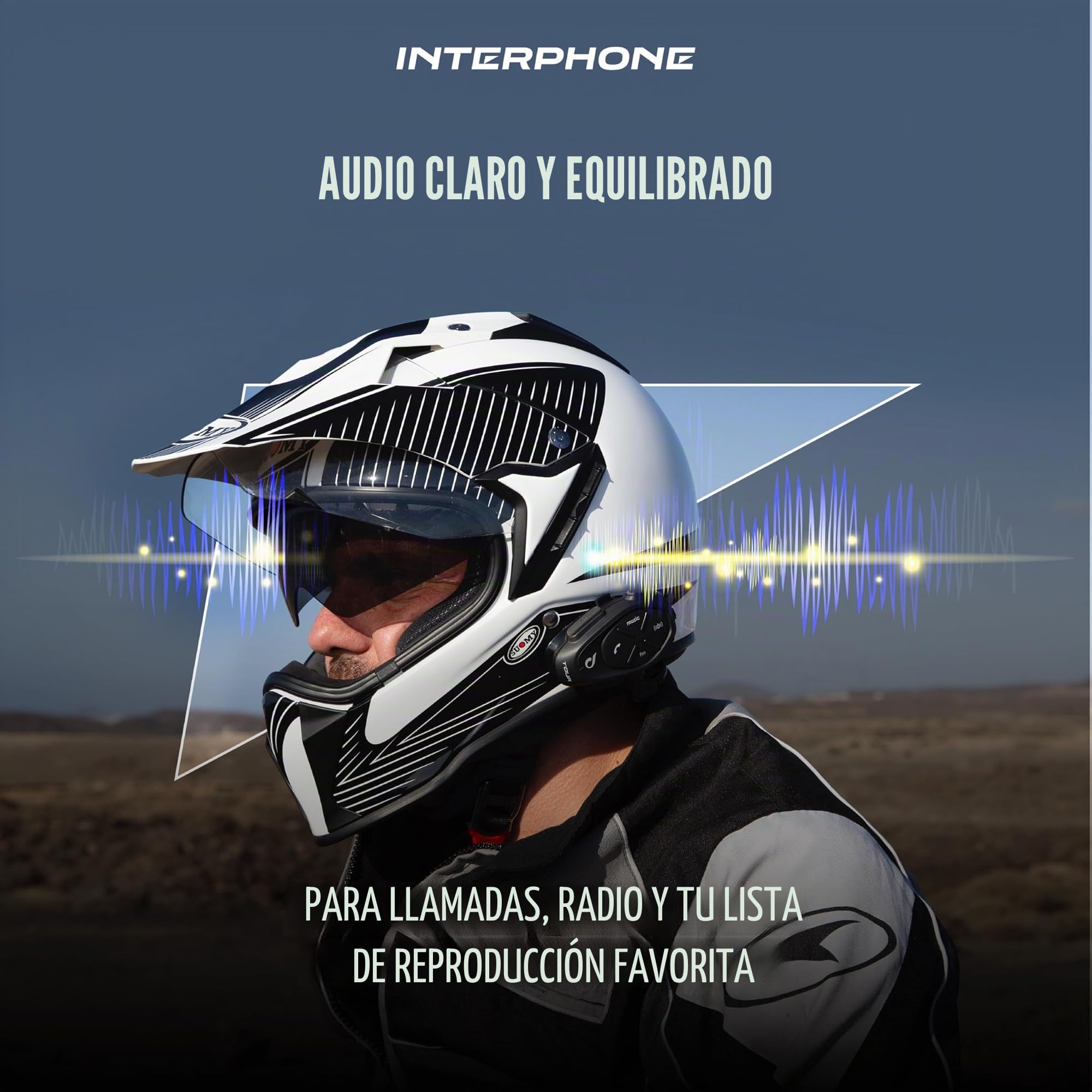 INTERPHONE Tour - Soltero - Bluetooth Motorcycle Intercom, hasta 4 Motociclistas, Distancia de 1.5 km, autonomía de 25 Horas, Carga rápida, Radio, mp3, GPS, Impermeable, Universal.