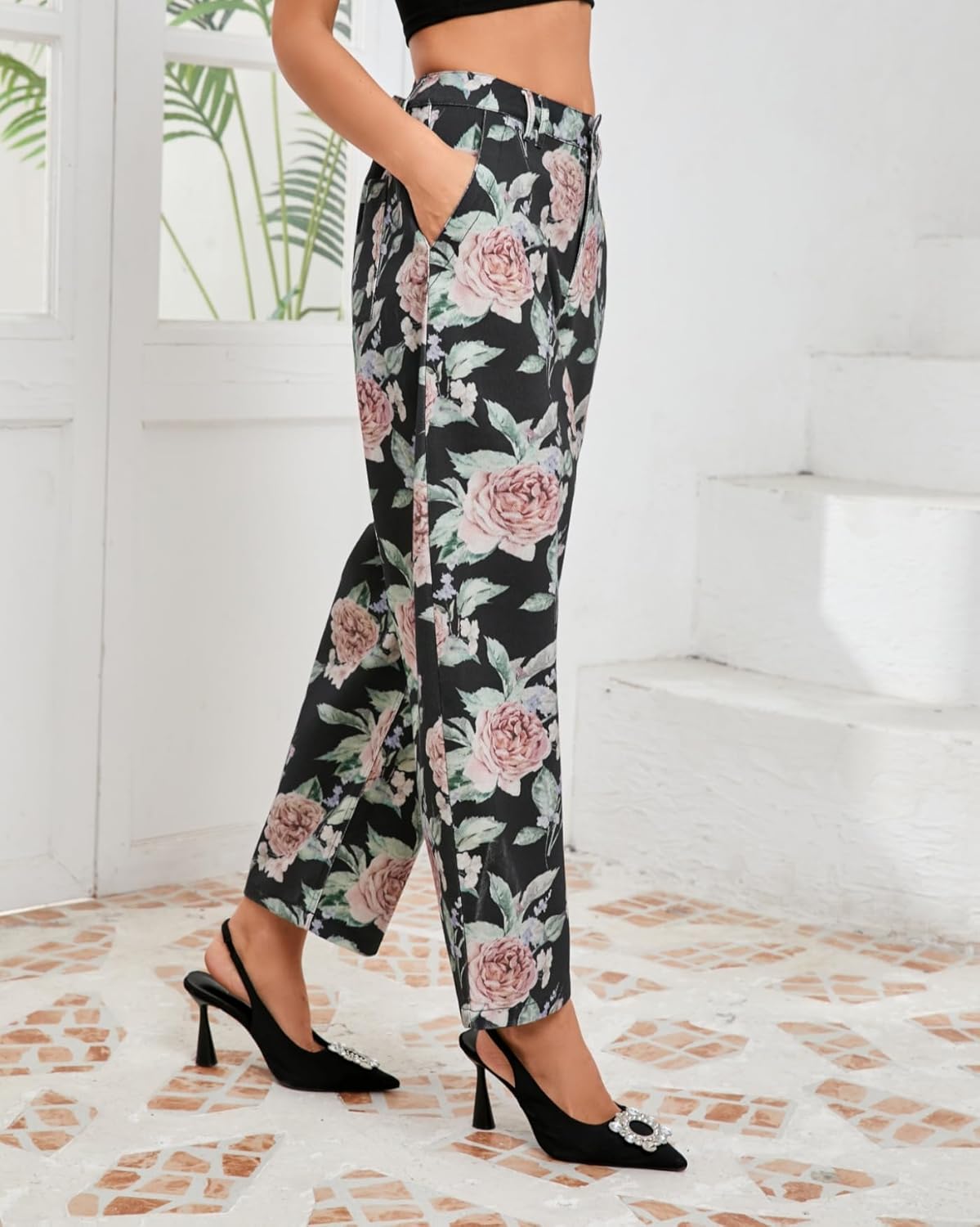 Women Floral Embroidered Barrel Jeans Wide Leg Mid Rise Boyfriend Baggy Denim Ankle Pants with Pockets - Image 5