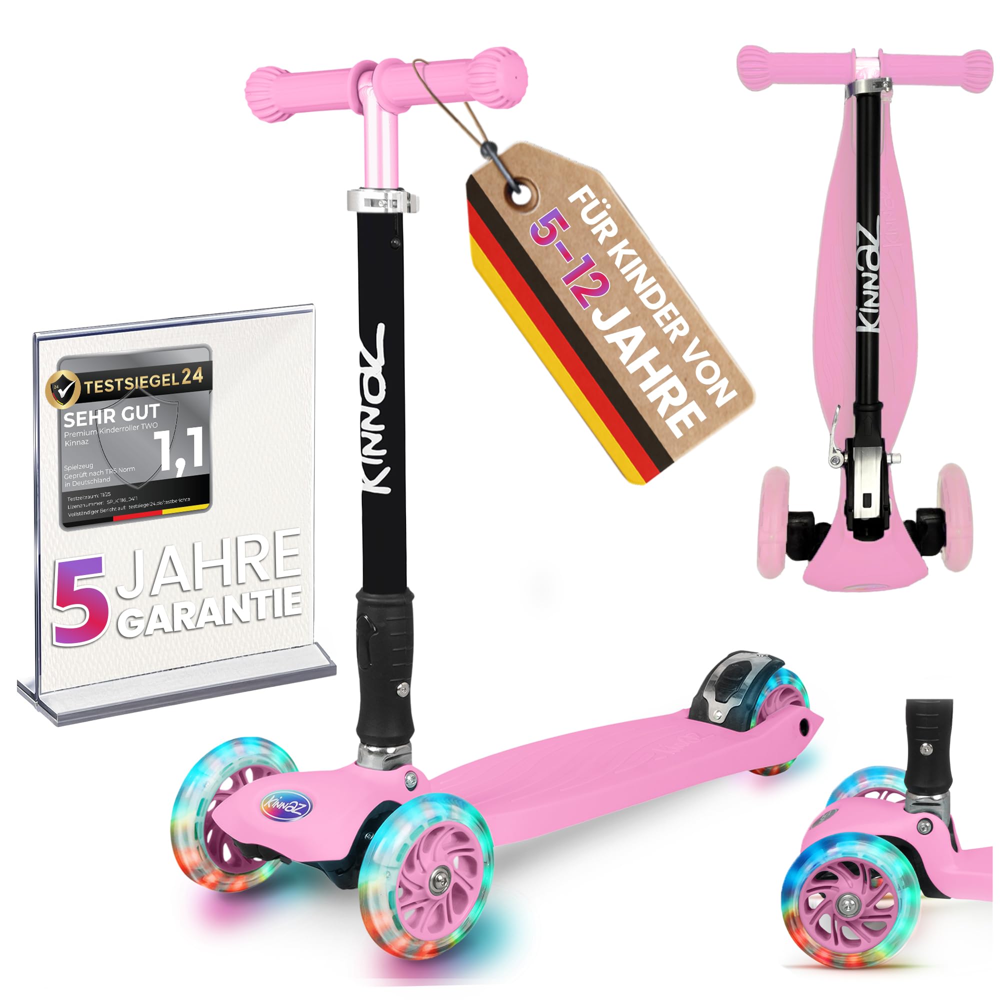 kinnaz Two, Roller für Kinder ab 5 Jahre, faltbar, stufenlos Höhe einstellbar, LED Räder, Ersatzteilservice, Kinderroller, Scooter, 6 7 8 9 Jahre, Schulkind, Junge Mädchen, Hamburg Händler