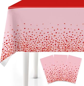3Pcs Valentines Day Tablecloth, 54 x 108 Inch Red and Pink Love Heart Plastic Table Cover, Disposable Galentines Day Table Cloth for Wedding Anniversary, Valentines Day Decorations
