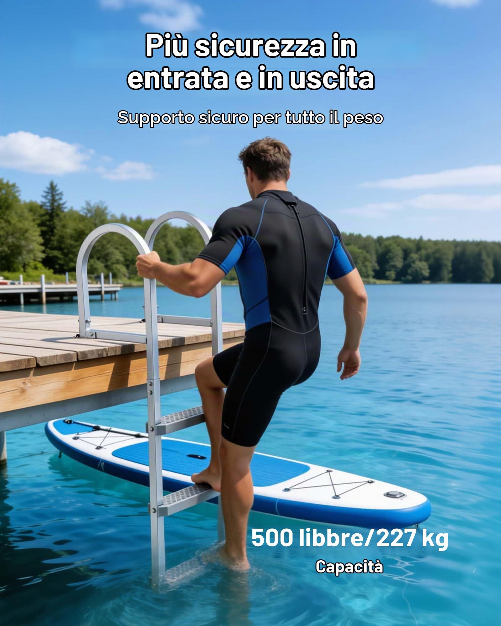 VEVOR Scaletta Smontabile per Molo, Scaletta Dritta da Pontile, 3 Gradini Ampi e Antiscivolo in PP, Portata Massima 227 kg, Struttura in Lega di Alluminio, Montaggio Semplice, per Laghi e Imbarcazioni