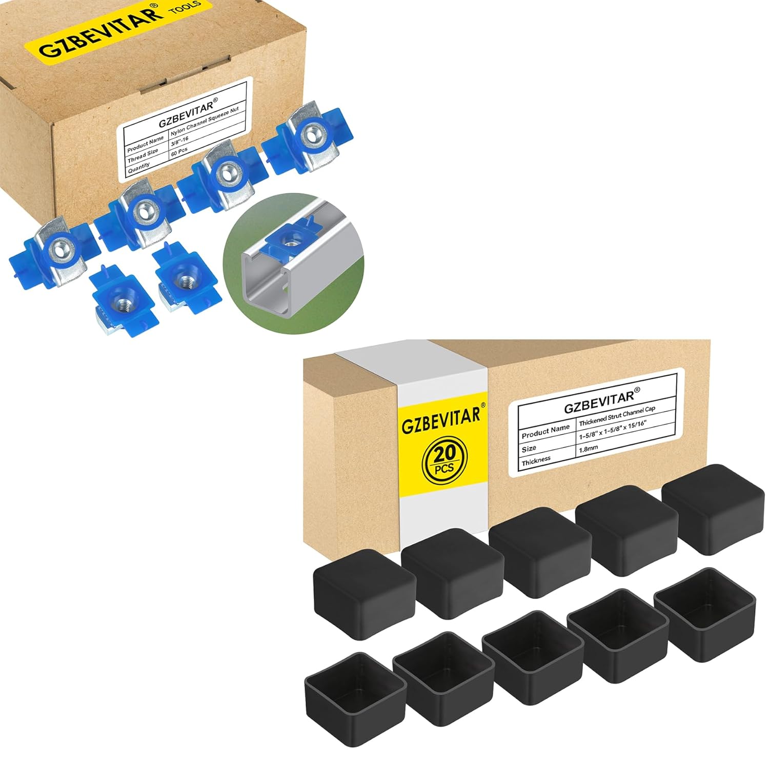 3/8"-16 Nylon Channel Squeeze Nut - 60 Pcs, Black Strut Channel Caps - 20 Pack