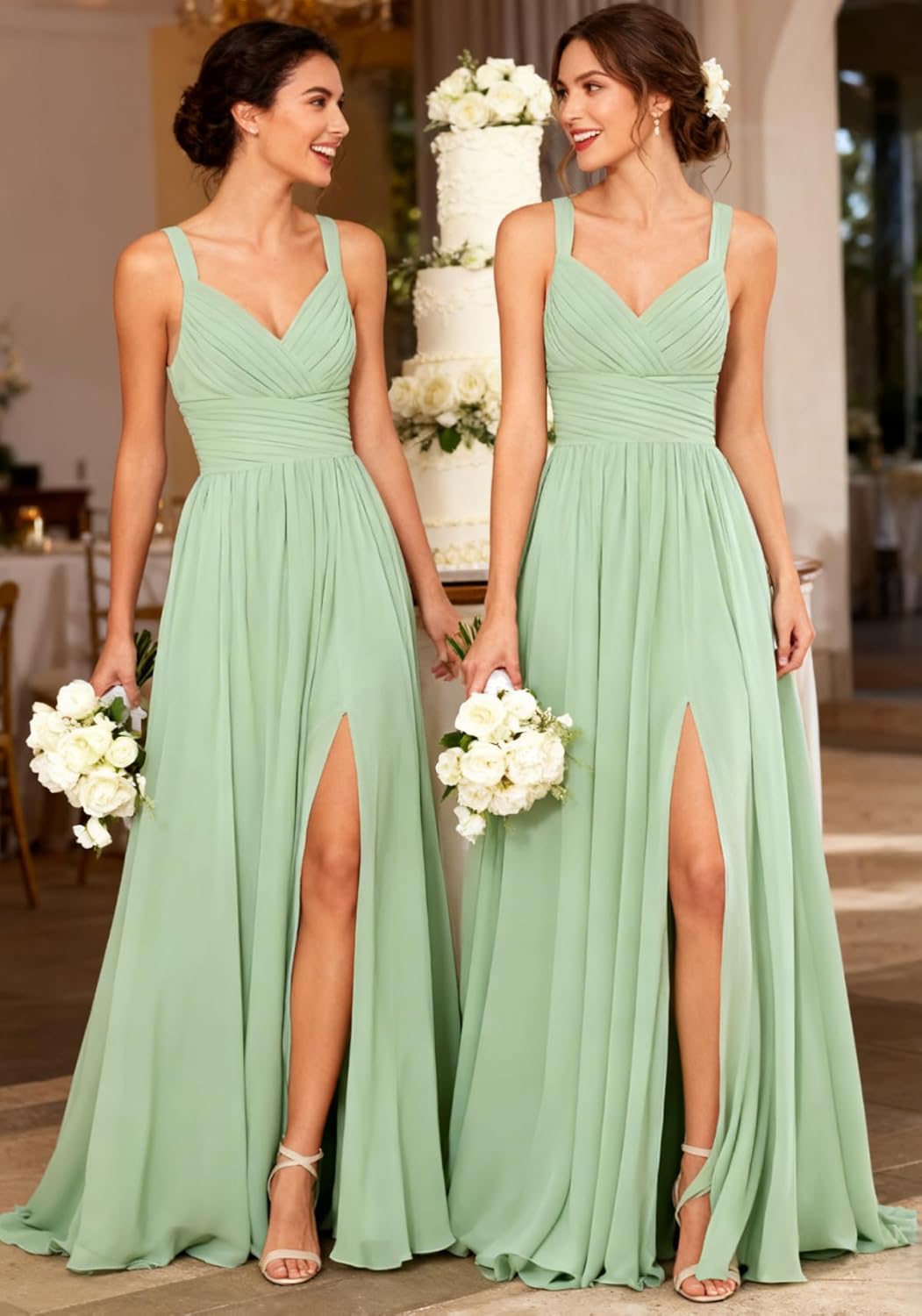 homdor Women's Chiffon Bridesmaid Dresses Long Spaghetti Straps V Neck Ruched A Line Formal Dress