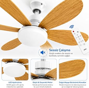 LED Işıklı Tavan Vantilatörü, Kumandalı 6 Kanatlı Tavan Fanı, 3 Hız Kademesi, 3 Işık Rengi (3000K/4000K/6500K), E27 Duy Uyumlu, Sessiz Motor, Çıkarılabilir Kanatlar, 52 cm [Enerji Sınıfı A]