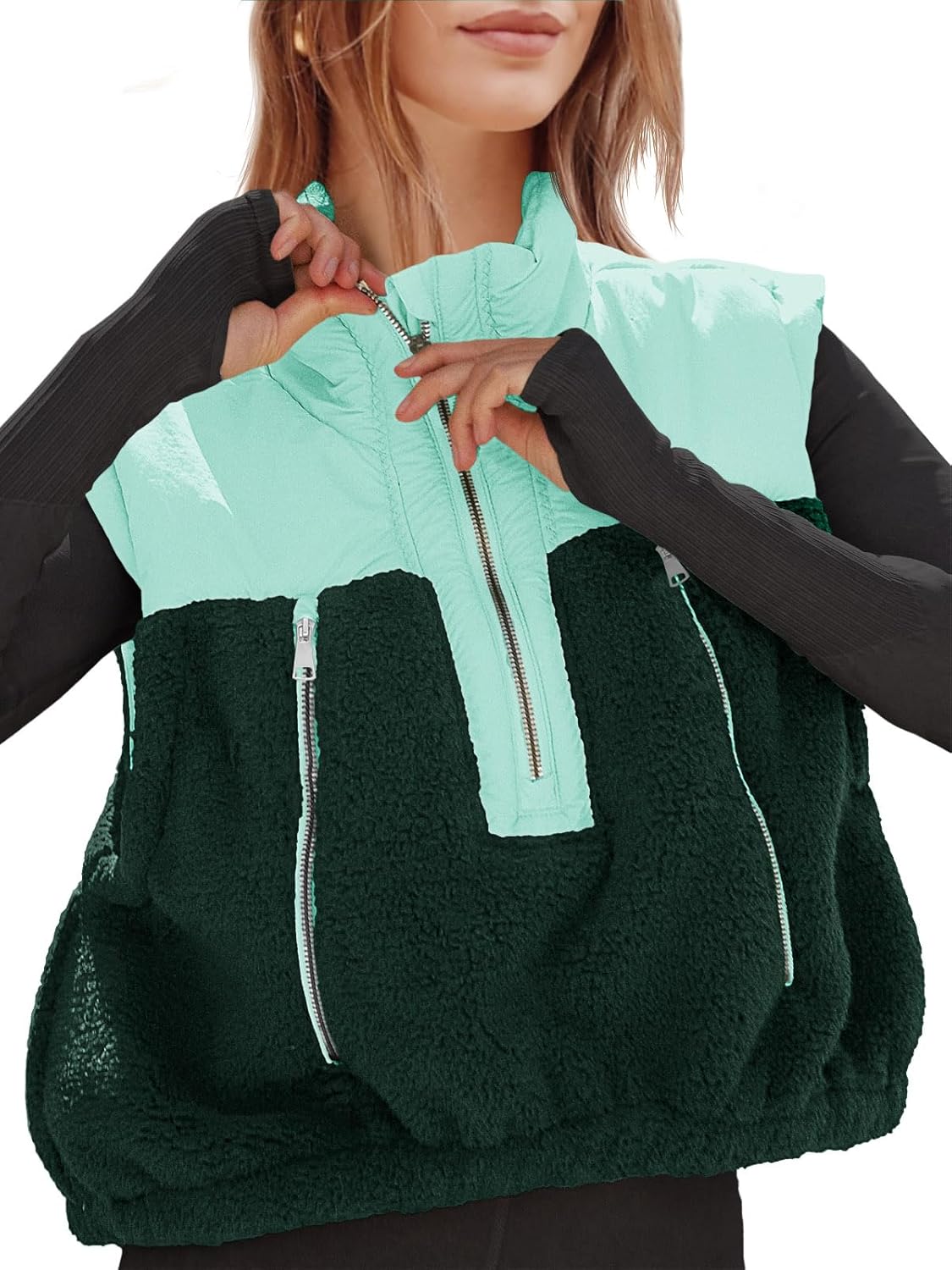 Tankaneo Womens Cropped Vests Outerwear Color Block Half Zipper Fleece Sherpa Sleeveless Winter Coats Jackets with Pockets