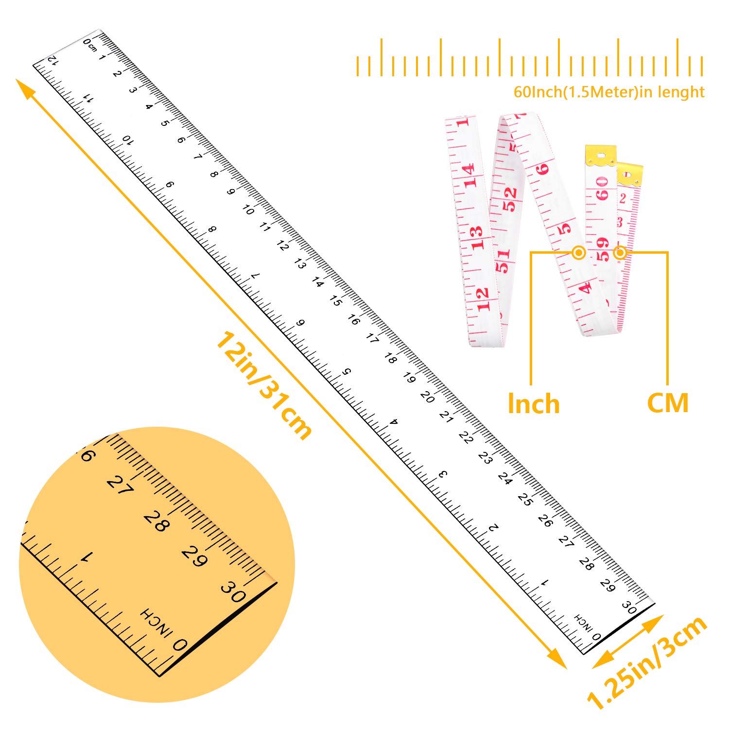 YGAOHF 4 Pcs 12 Inch Clear Ruler, Plastic Clear Ruler with 1 Tape Measure, Flexible Straight Ruler with Inches and Centimeters for School Classroom, Home, or Office - Image 5