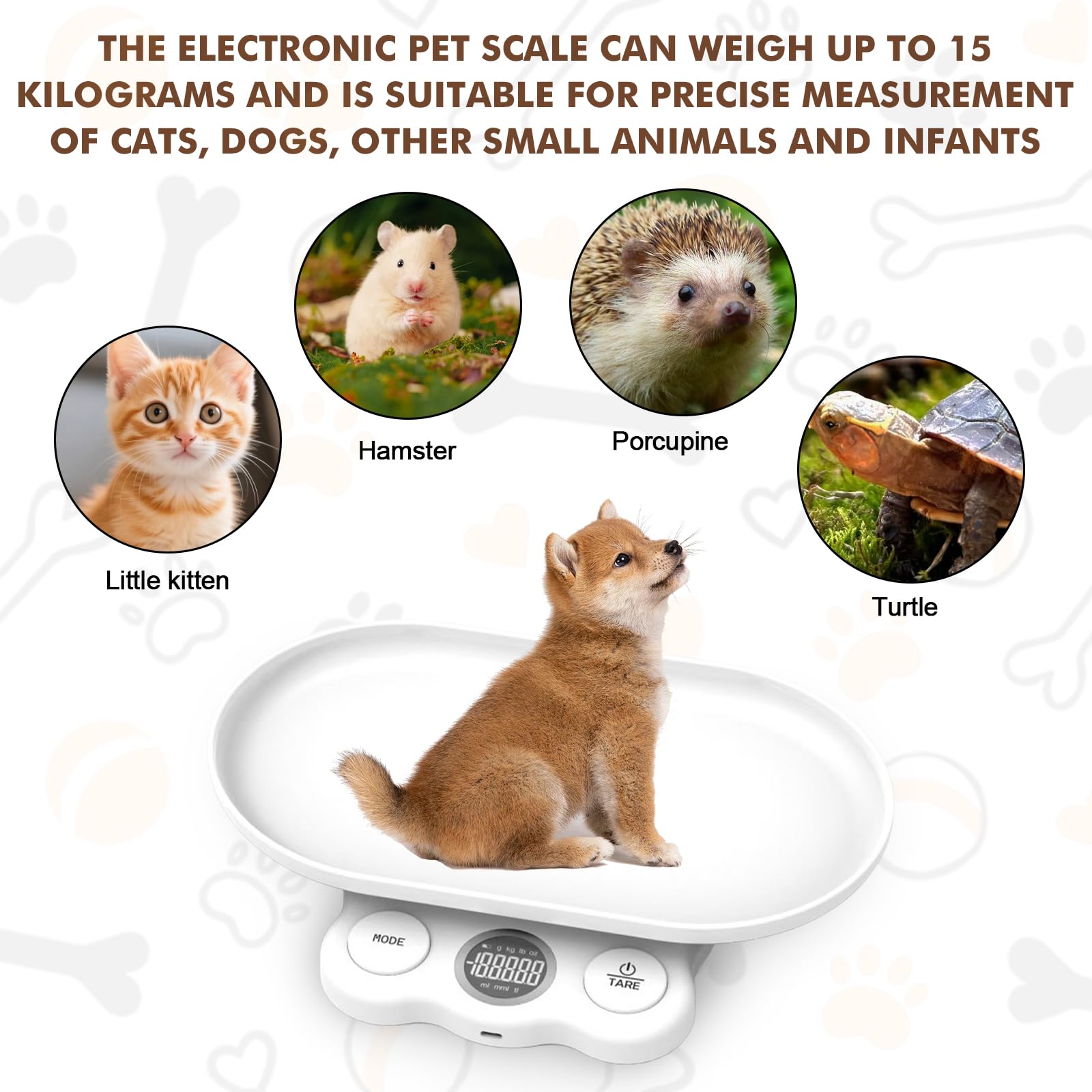 Bilancia per animali di piccola taglia, 15 kg, bilancia digitale per animali domestici, precisa su 1 g, LCD digitale con 7 modalità di pesatura (g/kg/oz/lb/ml/mml/tl), bilancia digitale per bambini