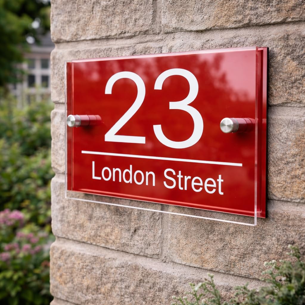 Personalised House Numbers Plaques by Blitz Craft | Glass Effect Acrylic and Red Mirrored Finish | Custom Address Text with Door Numbers for Outside, Weatherproof Design with Fixings (200x130mm)