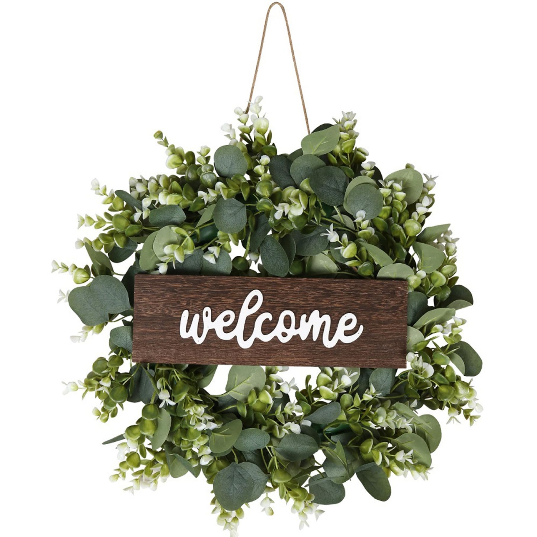 Hintyne Front Door Decor Front Door Decor, 18 Inch Artificial Eucalyptus Wreath with Welcome Sign, Spring Wreaths for, Green Outdoor Wreath for Wall
