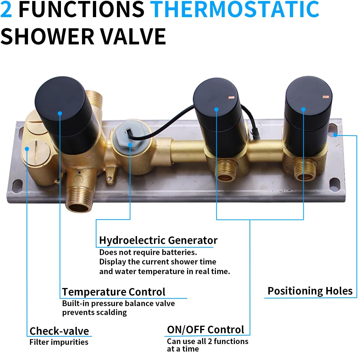 2 Way Shower Diverter Valve Brass 2 Functions Digital Temperature Display Thermostatic Shower Mixing Valve Kit 3 Handle Flow Cotrol Valve, Can Run Simultaneously Matte Black