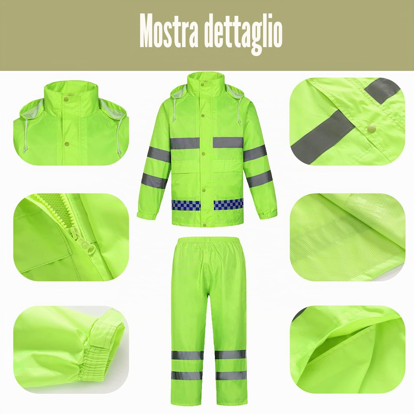 Uomo Impermeabile per attività all'aperto con Striscia Riflettente Sicura Leggero Impermeabile Antivento con Cappuccio e Pioggia Tuta Antipioggia Ultra-lite
